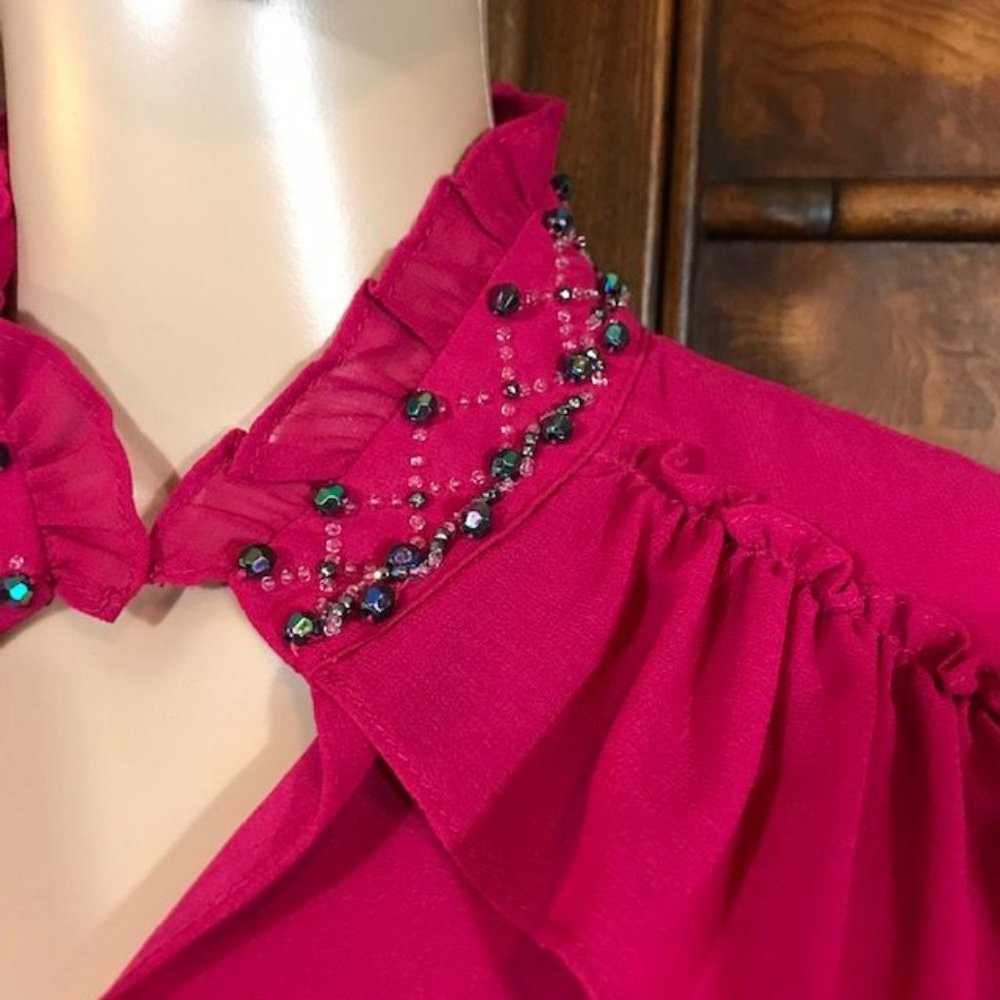 Magenta Ruffle Beaded Collar Poet Sleeve Chiffon … - image 8
